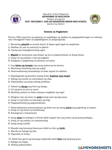 Denotasyon at konotasyon worksheet .